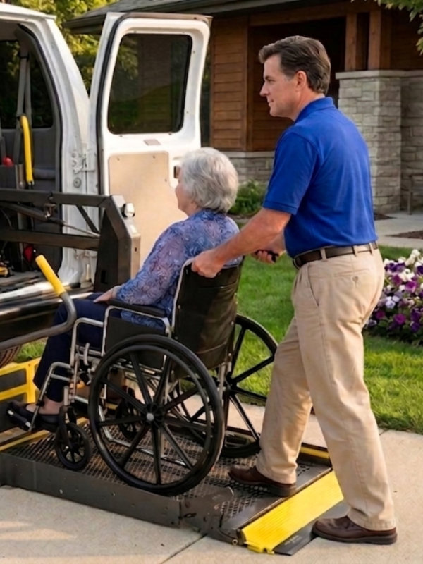man assist the elderly woman