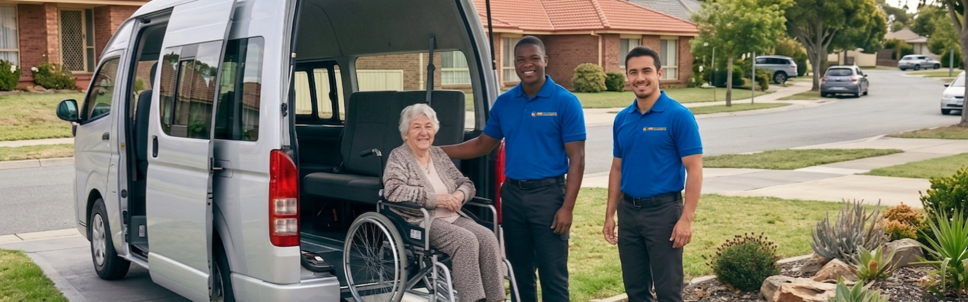 Two men stand beside a wheelchair-accessible van, smiling and engaged in conversation.